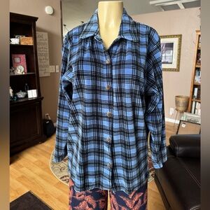 Jason Maxwell blue & black plaid velvet button up shirt-size M
